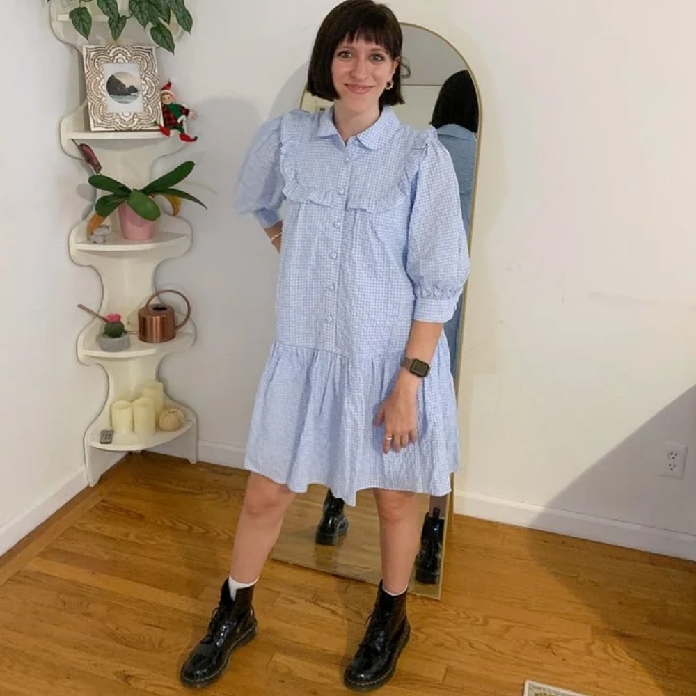 NWOT Sandy Liang Blue Gingham 3/4 Sleeve Dress - Picture 11 of 12
